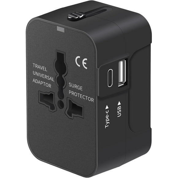 Qucyy Travel Adapter with USB C, Universal All in One Worldwide Travel Adapter Power Converters Wall Charger AC Power Plug Adapter USB Type C Charging Ports for USA EU UK AUS Black