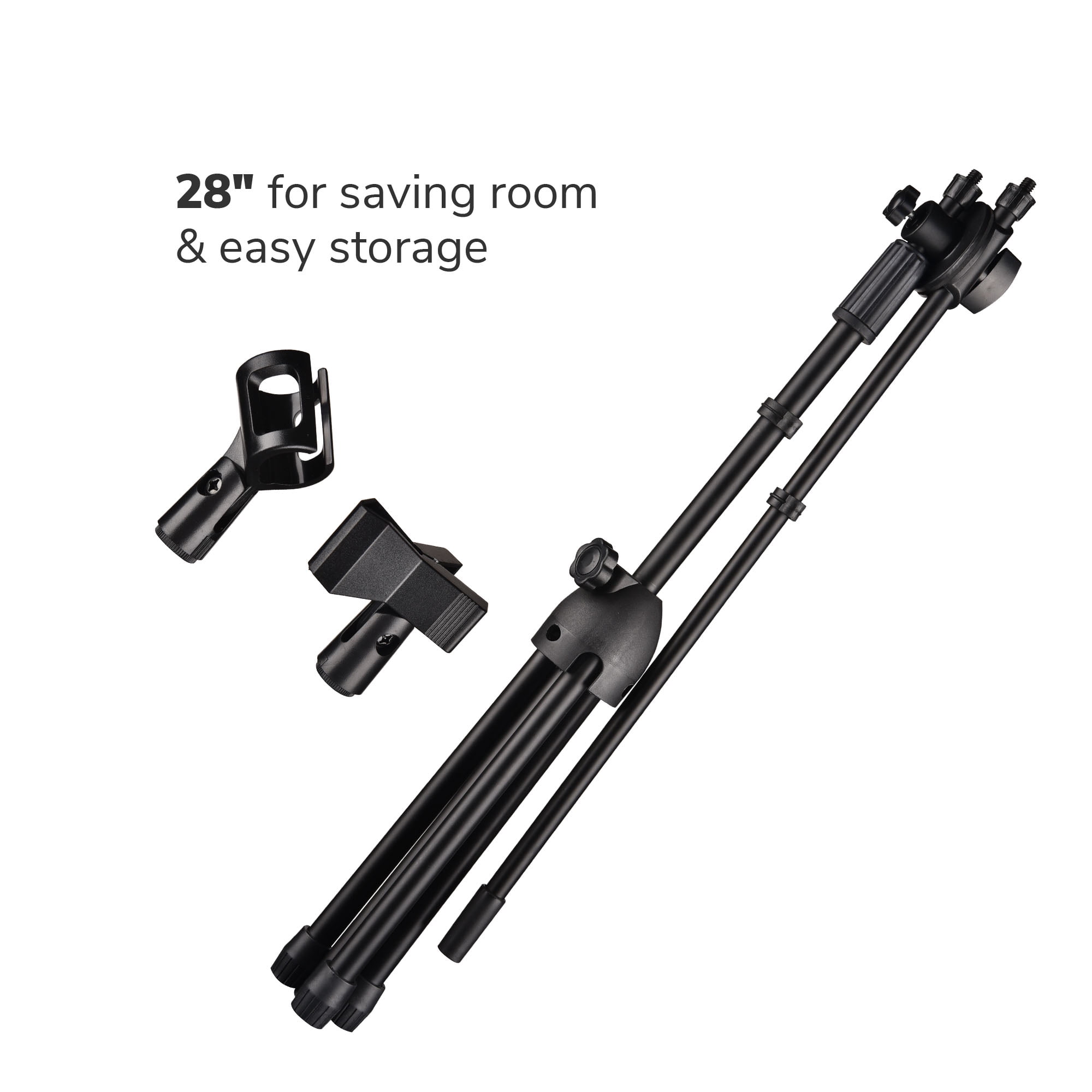 4x Adjustable Height Microphone Stands Dual Mic Clip 90-degree Rotating Folding Type Boom Arm Tripod