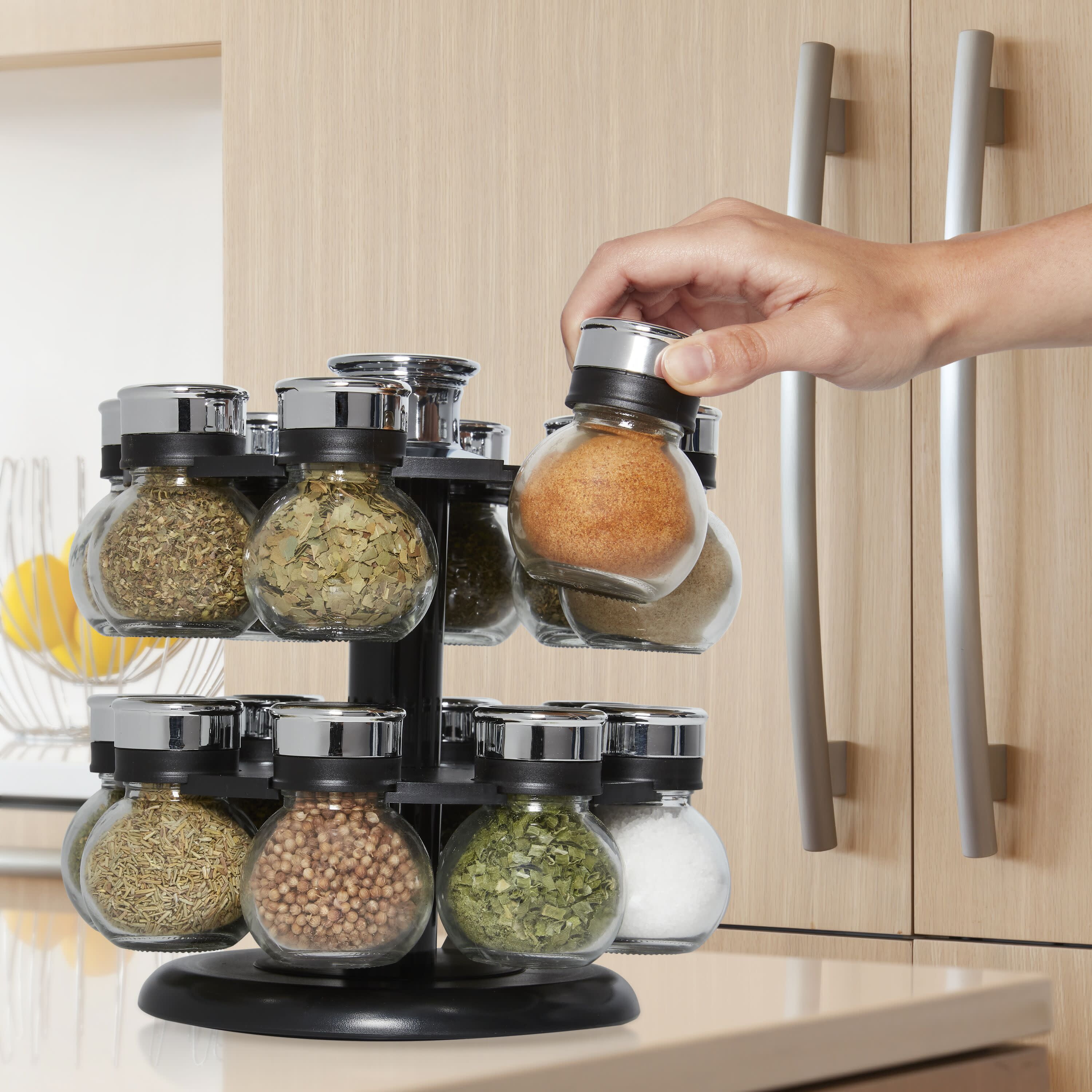  Kamenstein 15 Jar Lincoln Countertop Spice Rack with Spices  Included, FREE Spice Refills for 5 Years, Chrome with Black Caps , 9.5 x  5.8 x 9: Home & Kitchen
