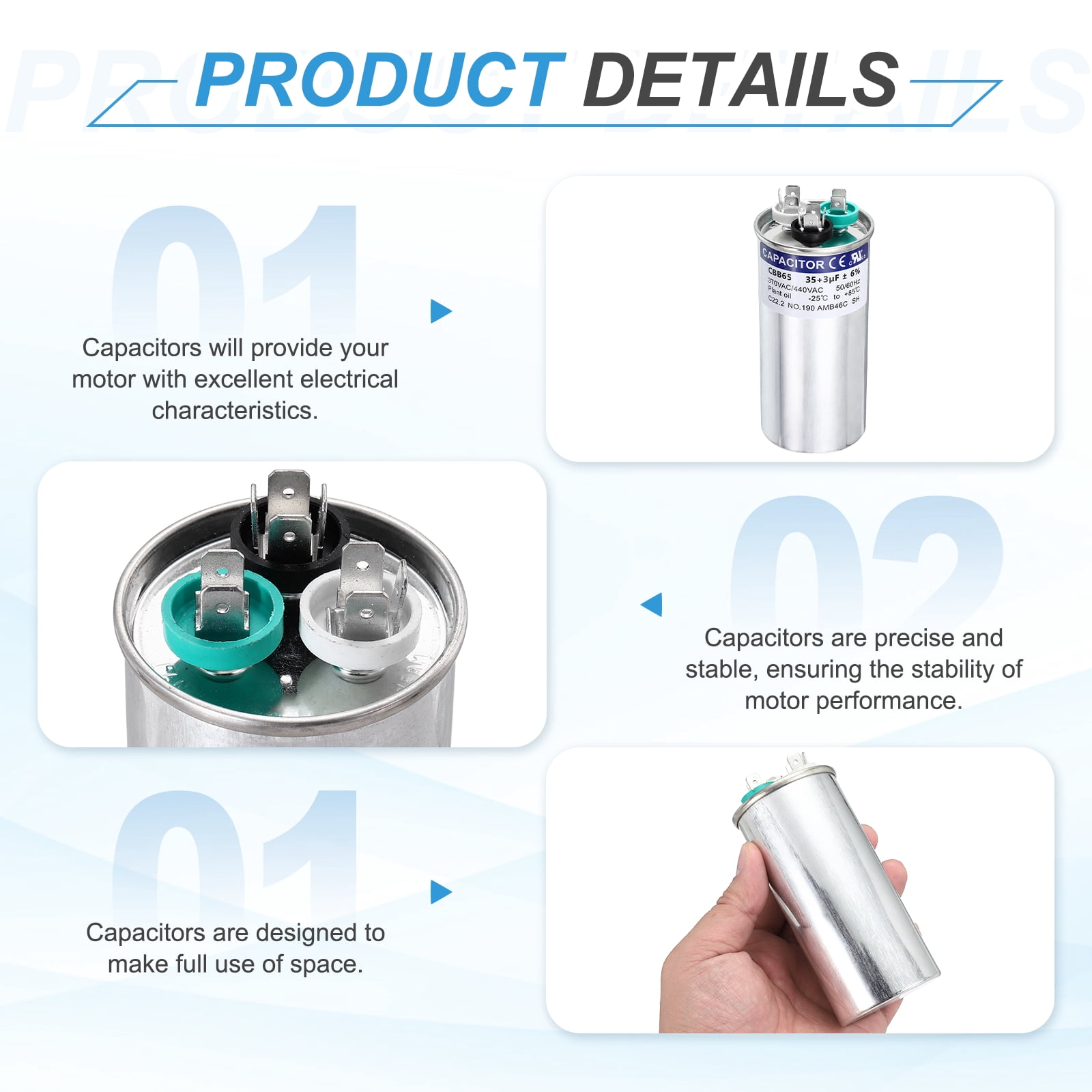 Uxcell 35+3 MFD CBB65 Run Start Capacitor 35+3 uF, 370/440V Round AC Capacitor for AC Motor Run, HVAC, Air Conditioner, Condenser Motors