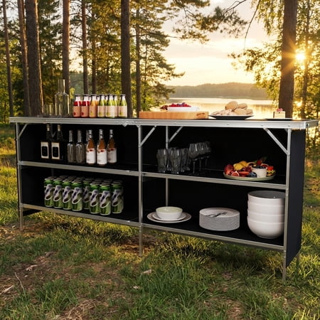 Biotree Aluminum Portable Folding Picnic Table with 2-Tier Open Shelves for Camping and Outdoor Dining Black