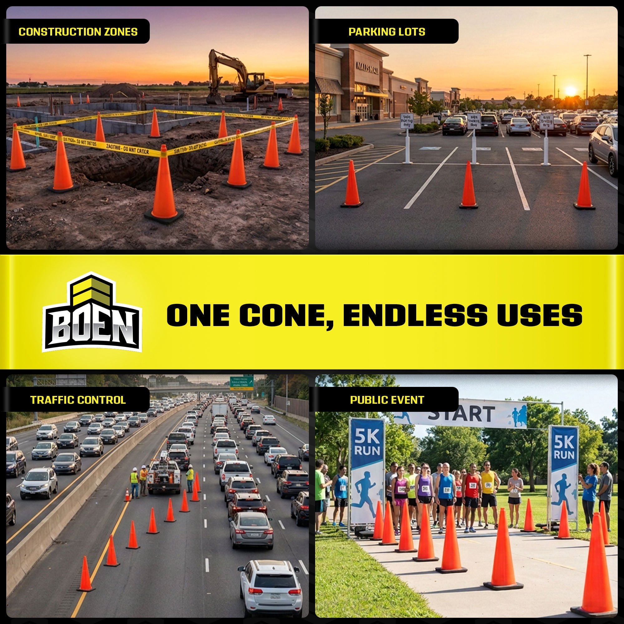 BOEN 36 in Orange Non-Reflective Traffic Cone, 10 lb Work Zone Safety, 1 Pack