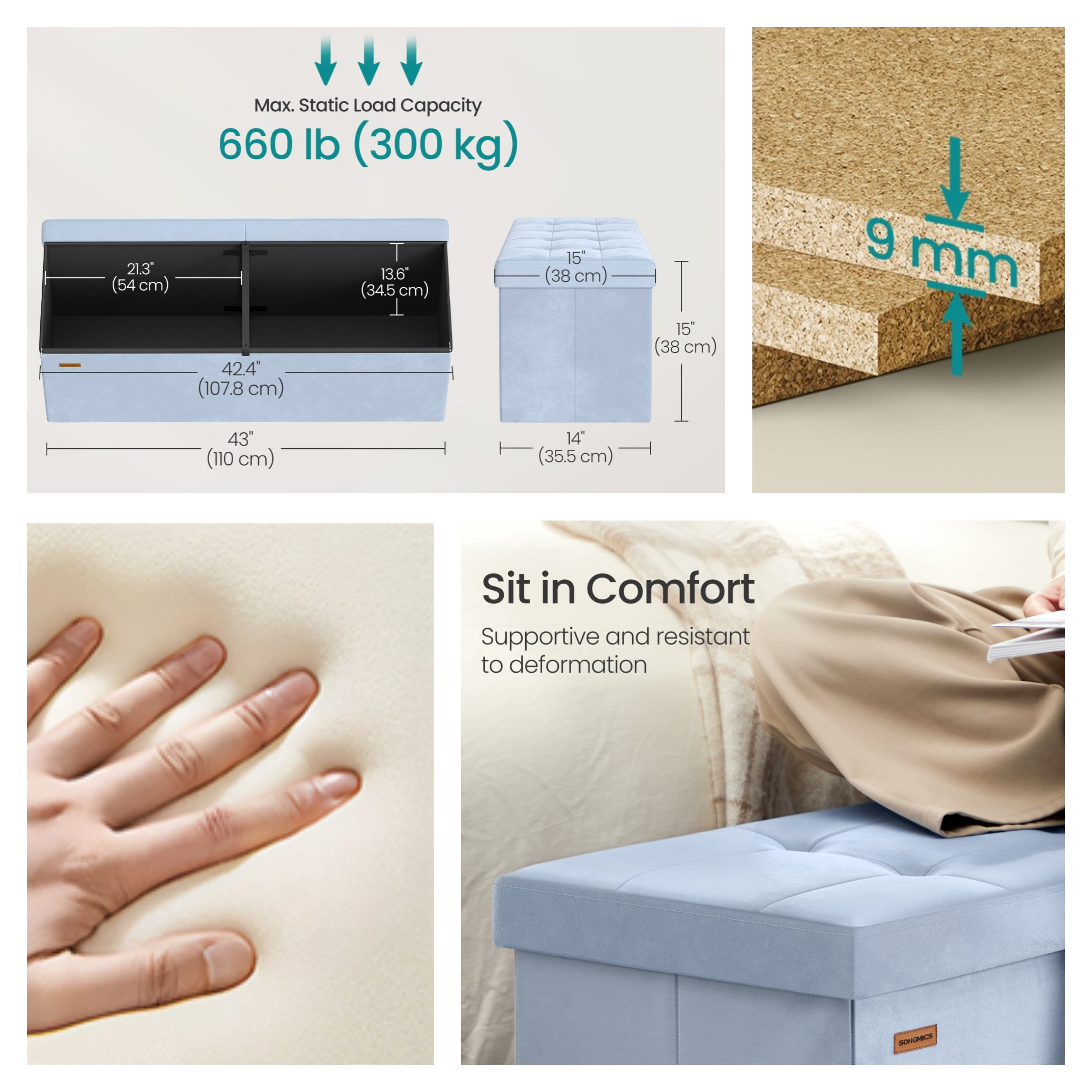 LEDREM 43" Storage Ottoman Bench with Flipping Lid, Foldable MDF Seat with Divider, 660 lb Capacity for Entryway, Living Room, Bedroom, Velvet Footstool, Pale Blue