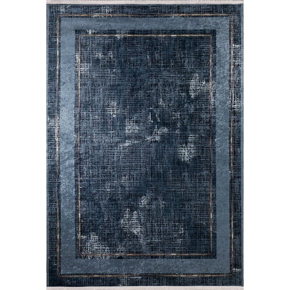 Berezniki Blue Framed Polyester Area Rugs for Living Room Washable Rugs Boho Moroccan Area Rug Soft Geometric Bohemian Distressed Indoor Rug for Bedroom Dining Room Office Foldable Nonslip Rug