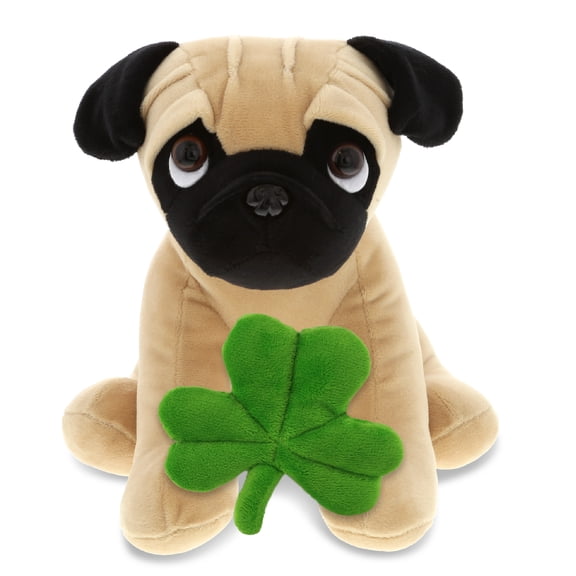 DolliBu Big-Eyed Pug Dog Stuffed Animal with Green Plush Shamrock, Cute Green Shamrock Plush, Fun St Patricks Day Stuffed Animal Pug Dog, Good Luck St Patricks Day Toys for Kids, Baby - 9 Inches