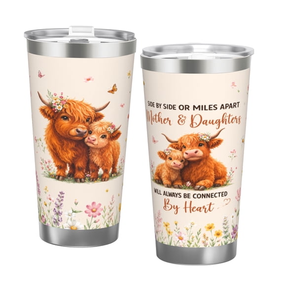 20oz Mother and Daughter Highland Cow Tumbler with Handle and Straw Floral Coffee Travel Cup Gift with Double Silver Rim