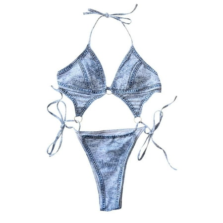One Piece String Bathing Suit for Women Sexy Faux Denim Halter Swimsuits O-Ring Tie-Up Cheeky Thong Bikini Beachwear Light Blue  S
