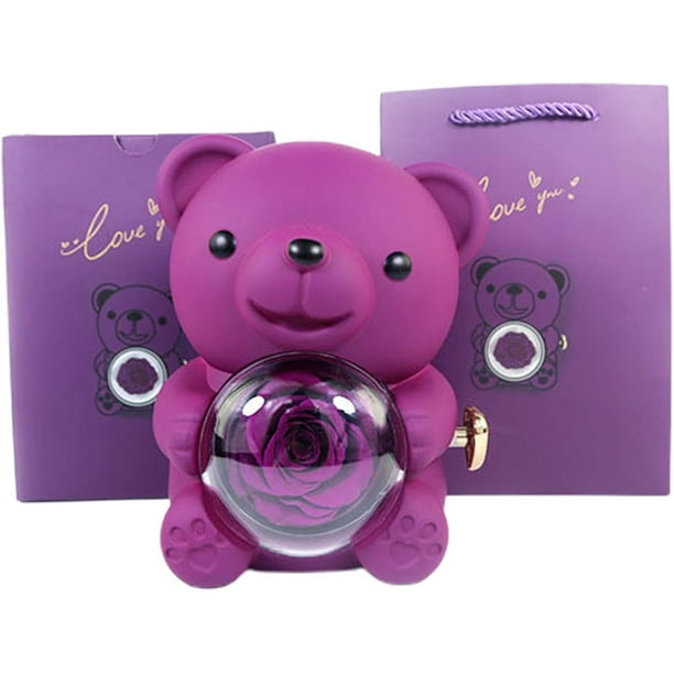 Caja de oso rosa real preservada | Caja de rosas de flores eternas | Caja de rosa y oso real preservada | Caja de regalo de oso rosa | Rosa roja para siempre en caja de oso | Joyero de rosas para Navi