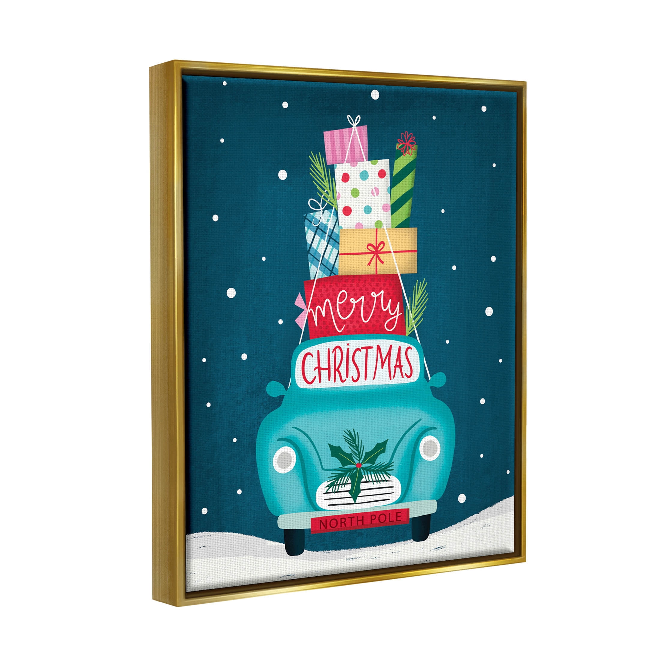 Merry Christmas Stacked Gifts Car Holiday Graphic Art Metallic Gold Framed Art Print Wall Art