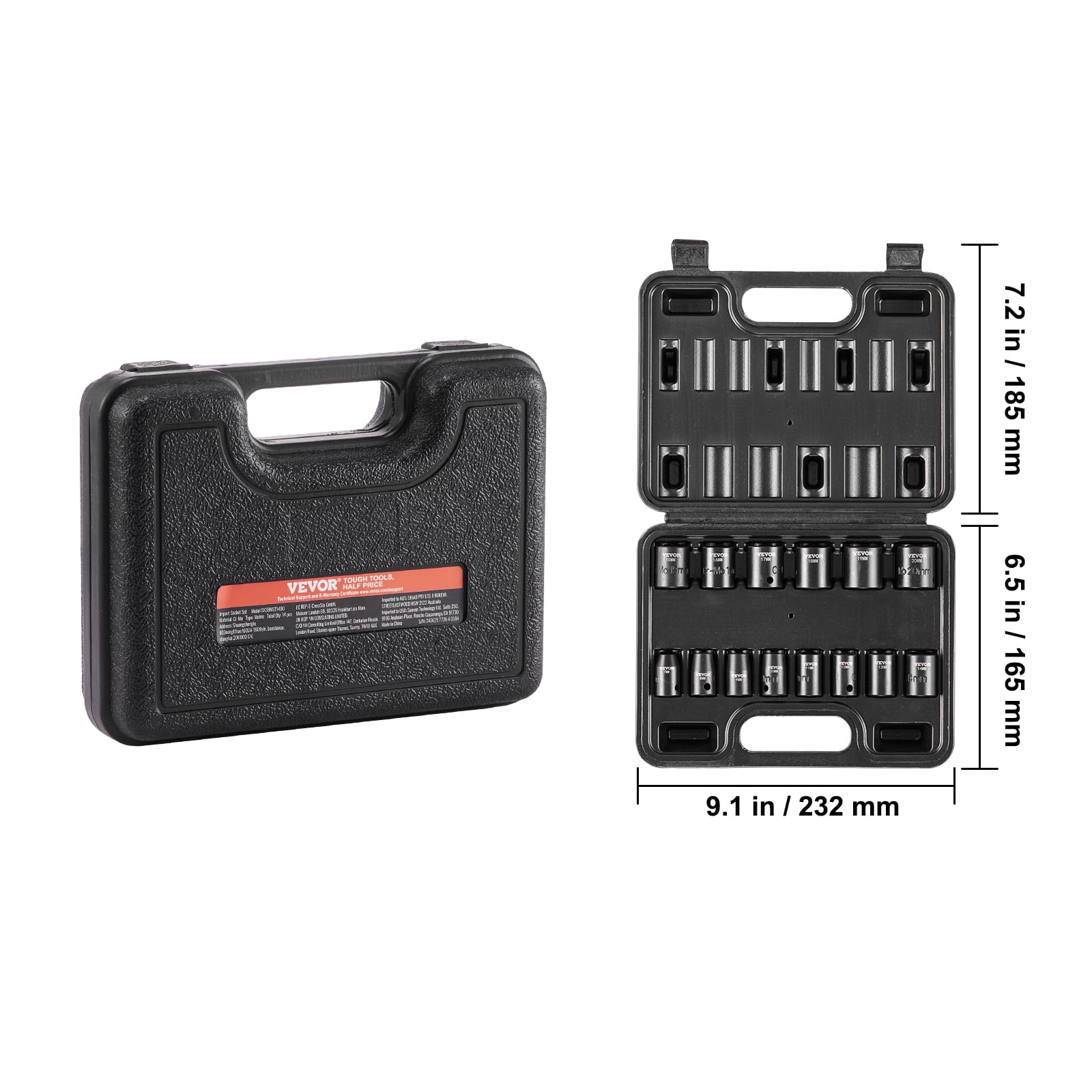 VEVOR 3/8" Drive Impact Socket Set, 14 Piece Shallow Socket Set Metric 7-20mm, 6 Point Cr-Mo Alloy Steel for Auto Repair, Easy-to-Read Size Markings, Rugged Construction, Includes Storage Case