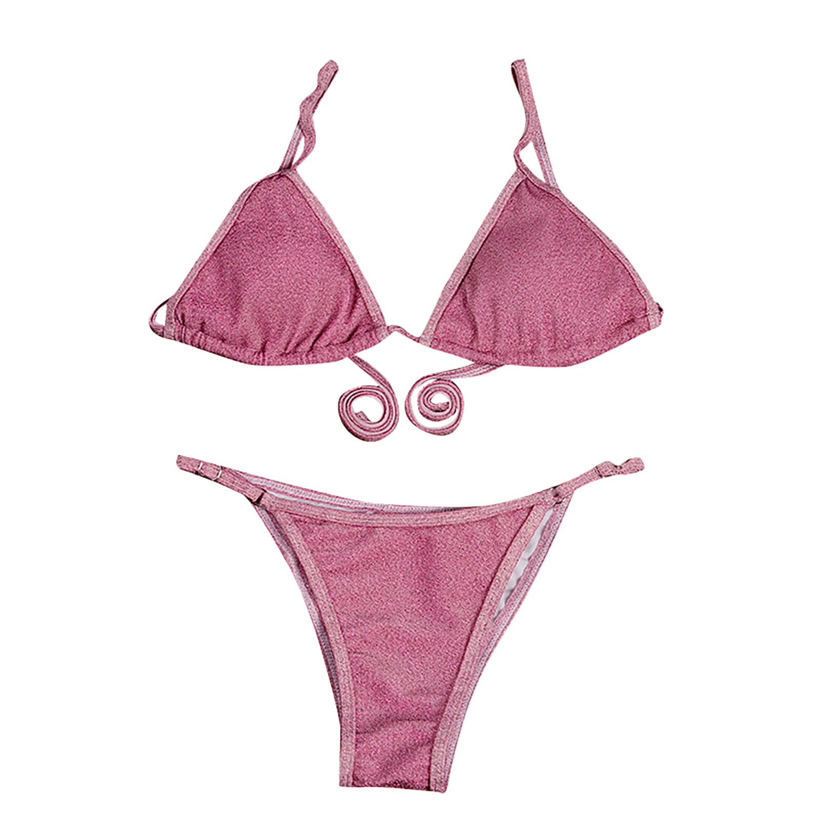 Mlqidk Women Sexy Halterneck Tiny Mini Micro Bra Charming Bikini G String  Bottom Beachwear 2 Pieces,Pink XL
