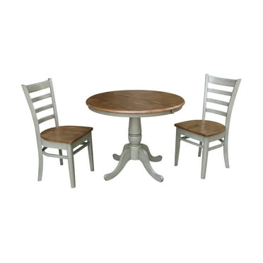 36" Round Solid Wood Extension Dining Table With 2 Emily Chairs in Distressed Hickory/Stone by International Concepts