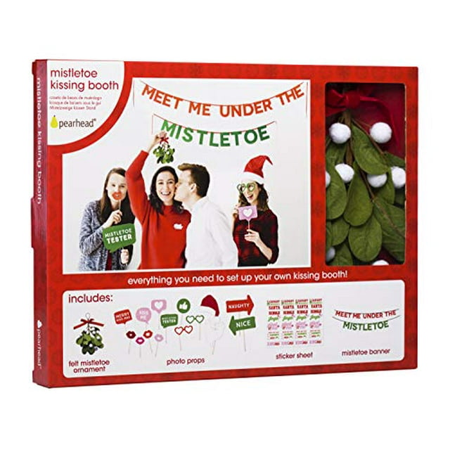 Pearhead Holiday Mistletoe Kissing Booth, Everything You Need to Set Up Your Own Kissing Photo Booth! Includes Felt Mistletoe, "Meet Me Under the Mistletoe" Banner, Sticker Sheet, and 15 Photo Props