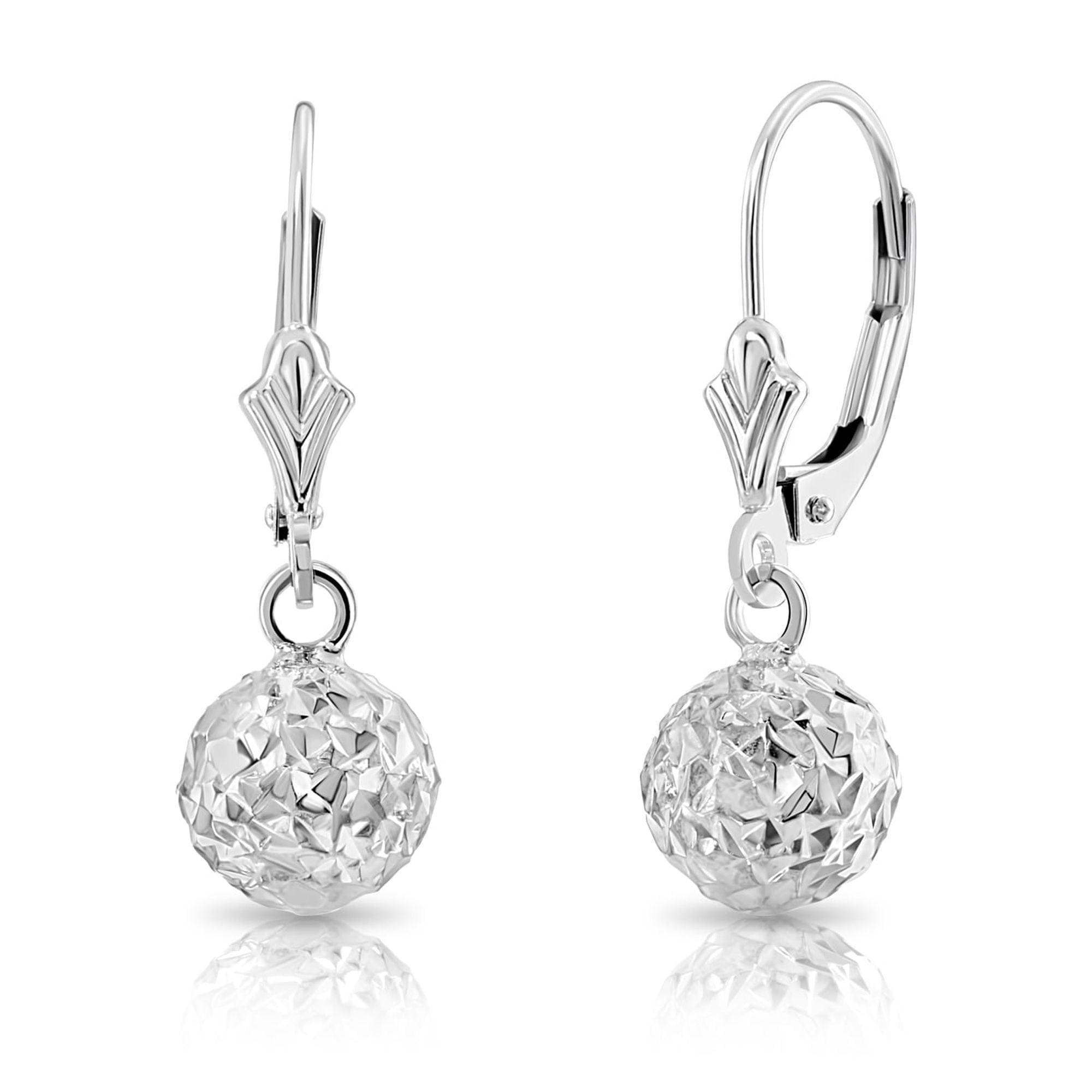 Tilo Jewelry 14K White Gold Diamond-Cut Ball Drop Dangle Earrings with Secure Leaver-Backs | 7mm | Everyday Earrings for Women & Unisex