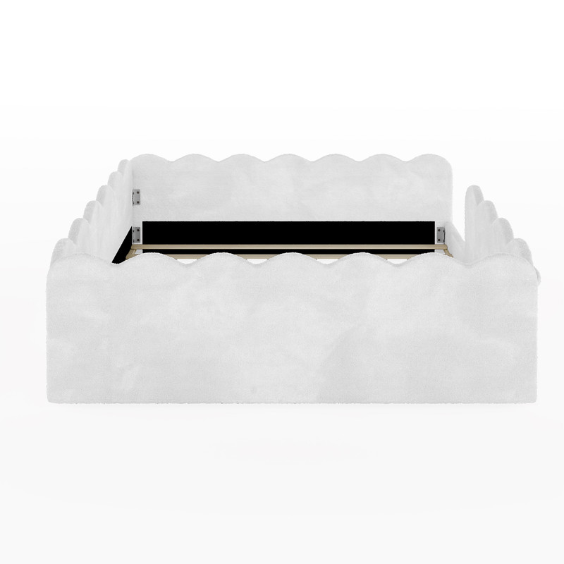 Full Size Upholstered Floor Bed, Faux Rabbit Fur Daybed Frame with 2 Storage Pockets, Kids Bed with Wavy Design Fence