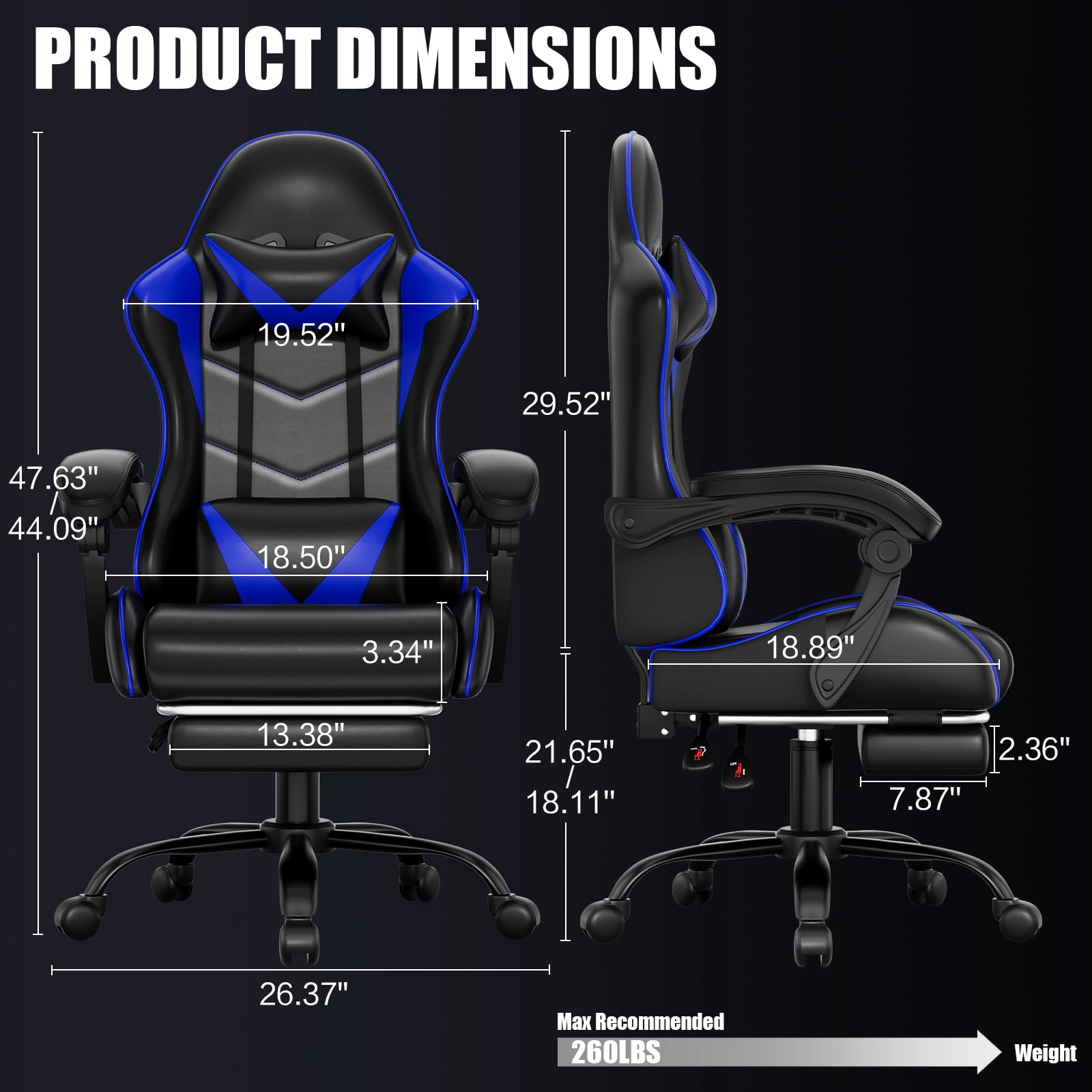 Czlolo Gaming Chair, Lumbar Massager Game Chairs, High Back Reclining, with Headrest Gamer Office Chair.(Blue)