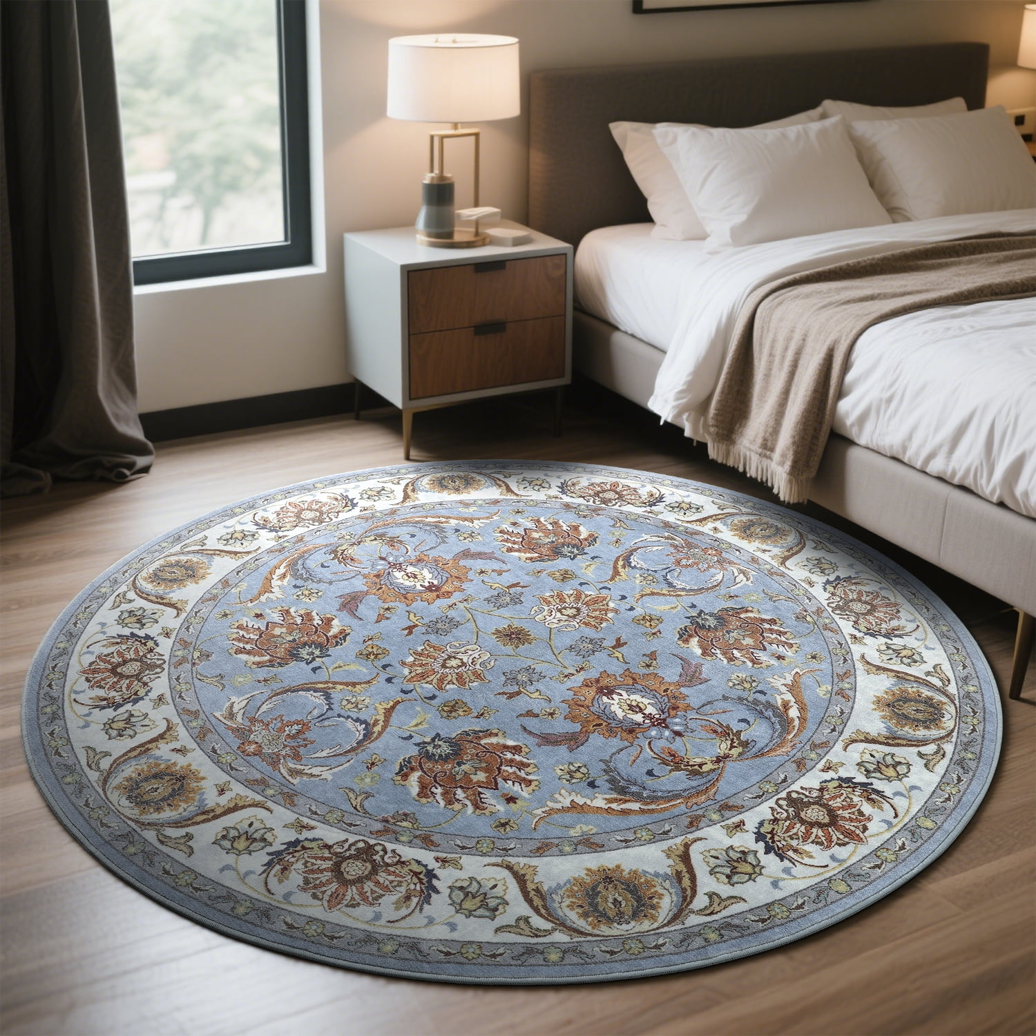 Cydiria Blue Round Persian Medallion Area Rug Floral Pattern Print Low-Pile Carpet for Living Room, 6' x 6'