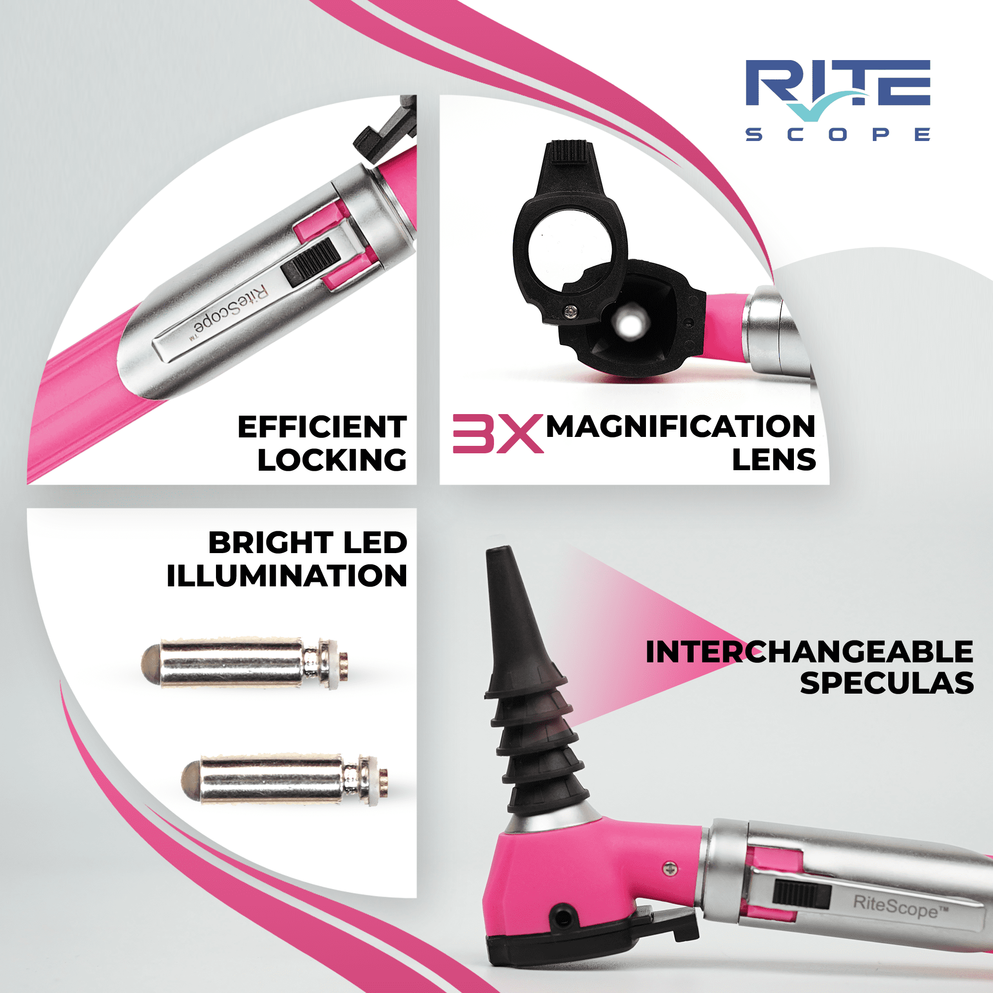 RiteScope Otoscope with Light - Compact Size - Pink