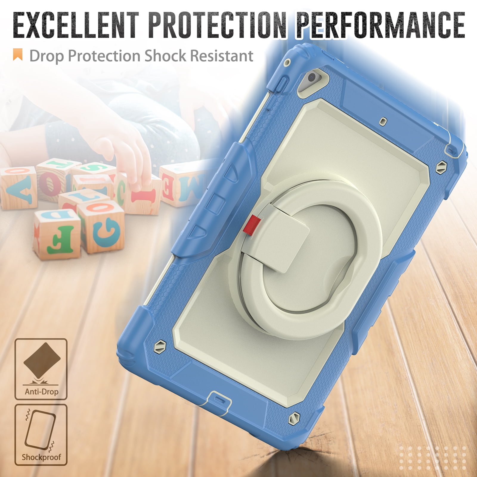 Allytechgroup Screen Protector Case for Apple iPad 6th 5th Generation 9.7" 2018/2017, Heavy Duty Protective Build-in Pencil Holder Handle Stand Rugged Bumper Case Kids Friendly,Blue
