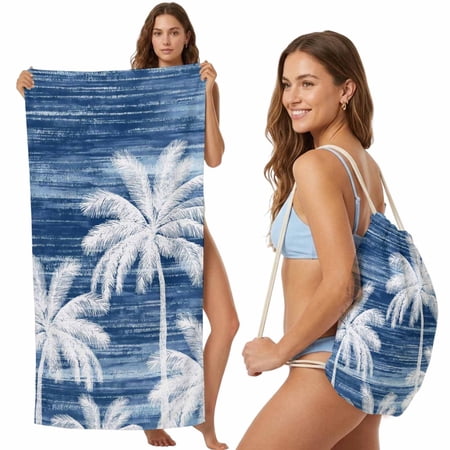 Beach Towel Bag 2 in 1 Tropical Palm Trees Bath Pool Towels Backpack Summer Coastal Navy Blue Absorbent Beach Towel Soft Quick Dry Lightweight Towels Drawstring Bag for Travel Camping Sports Picnic
