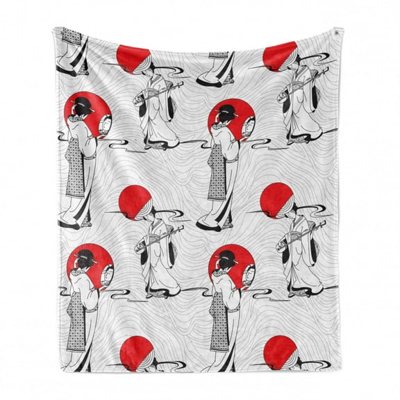 East Soft Flannel Fleece Throw Blanket, Japanese Geisha Girl with Traditional Style Kimono Folk Culture Illustration, Cozy Plush for Indoor and Outdoor Use, 60" x 80", Black Red, by Ambesonne