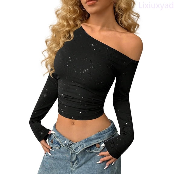 Lixiuxyad Sparkly For Sleeve Off Shoulder Top Sequin Concert Outfits Tshirts for Women,Black L