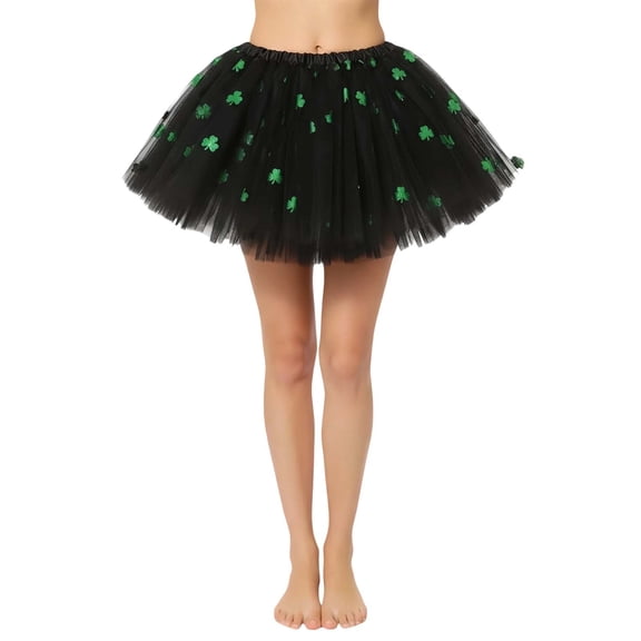 XIAONU Women's Clover-Print Tulle Skirt Elastic Waist Layered Tutus Festive St. Patrick‘s Day Skirts
