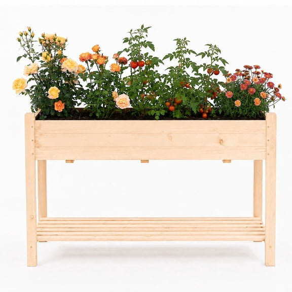ScienGarden Raised Garden Bed Outdoor, 50-Inch Fir Wood Elevated Planter Box with Liner & Storage Shelf, Raised Bed Planter for Vegetables, Herbs, Flowers, Patio, Balcony, Backyard