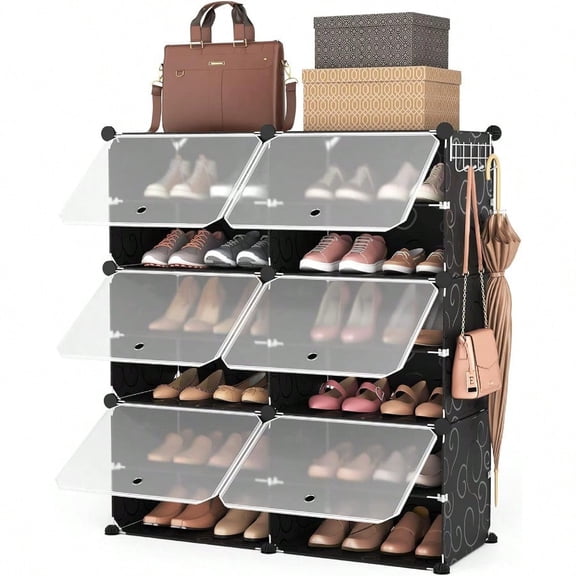 ROJASOP 6-Tier 24-Pair Expandable Shoe Rack Organizer with 2 Hooks Black