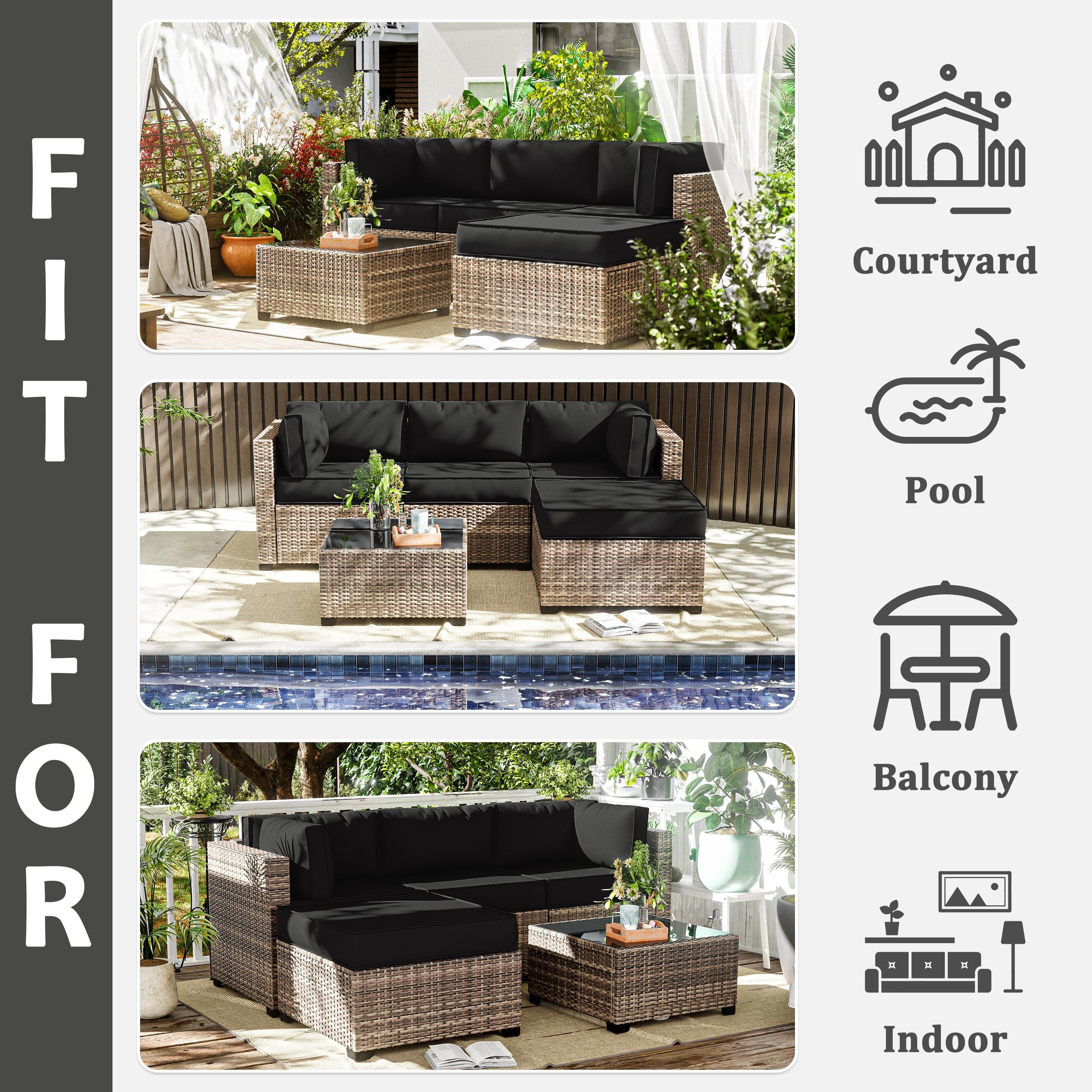 Pakunoda 9Pcs Outdoor Cushion Covers for Patio Furniture, Washable Reusable Outdoor Slipcovers for Cushions Replacement Cover with Zipper for Sofa Couch, Cover Only, Black