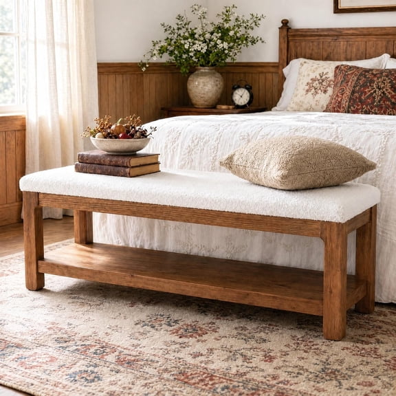 Tribesigns Solid Wood 55.12in Bedroom Bench with Storage Shelf,Upholstered Ottoman Bench, Entryway Bench for Bedroom,Living Room