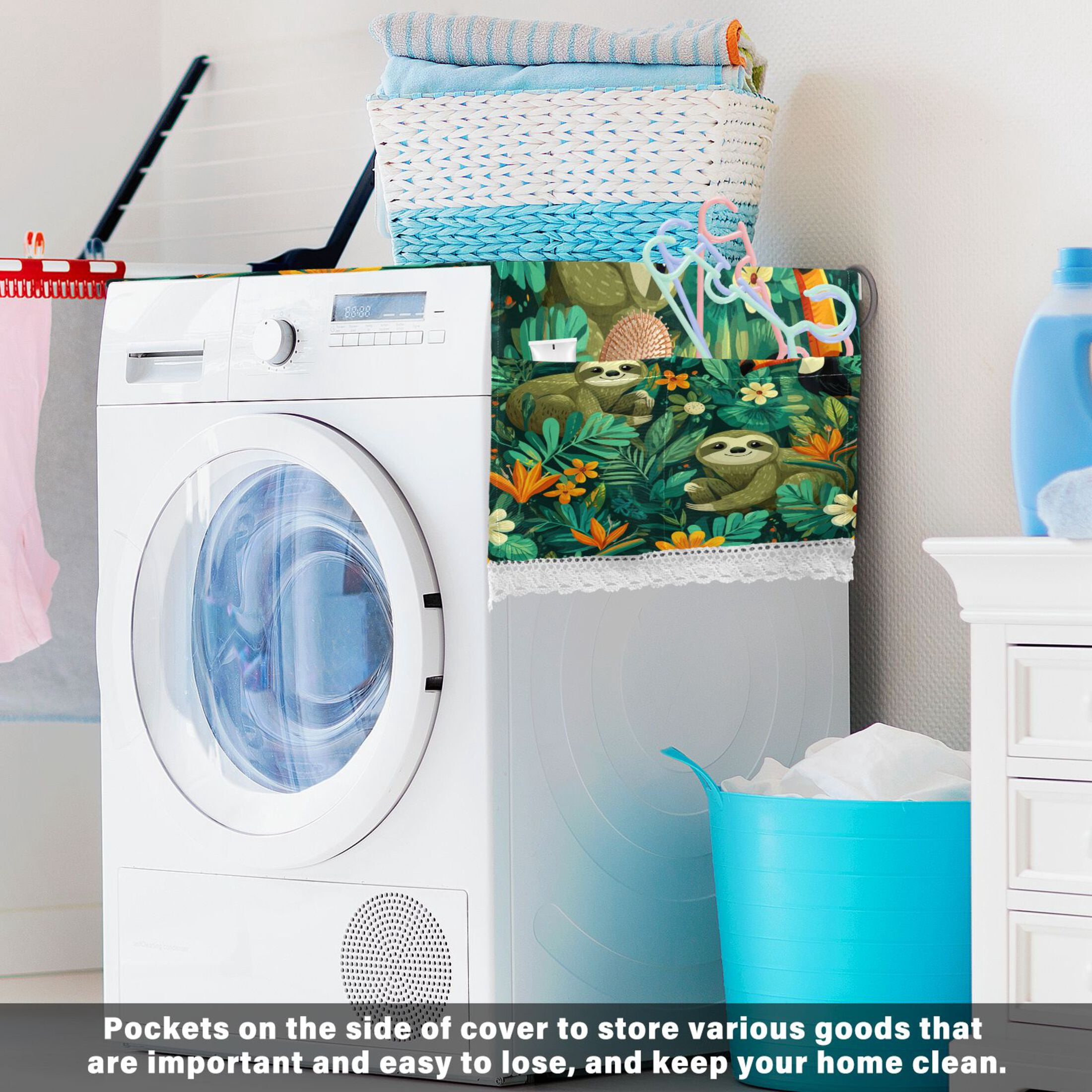 Washing Machine Cover 51.2x22in, Durable Polyester Dust Cover with Lace Trim and Side Pocket for Appliances Playful Sloths