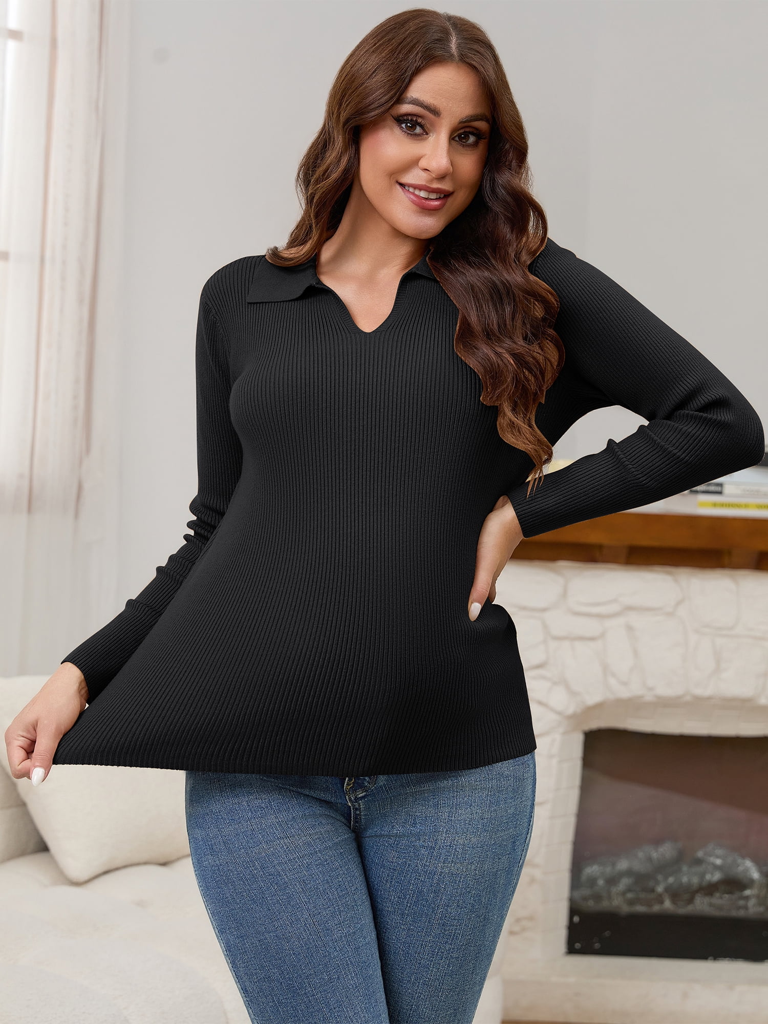 DARING DIVA Women's Maternity Sweater Ribbed Pullover Polo Sweater 2XL Black