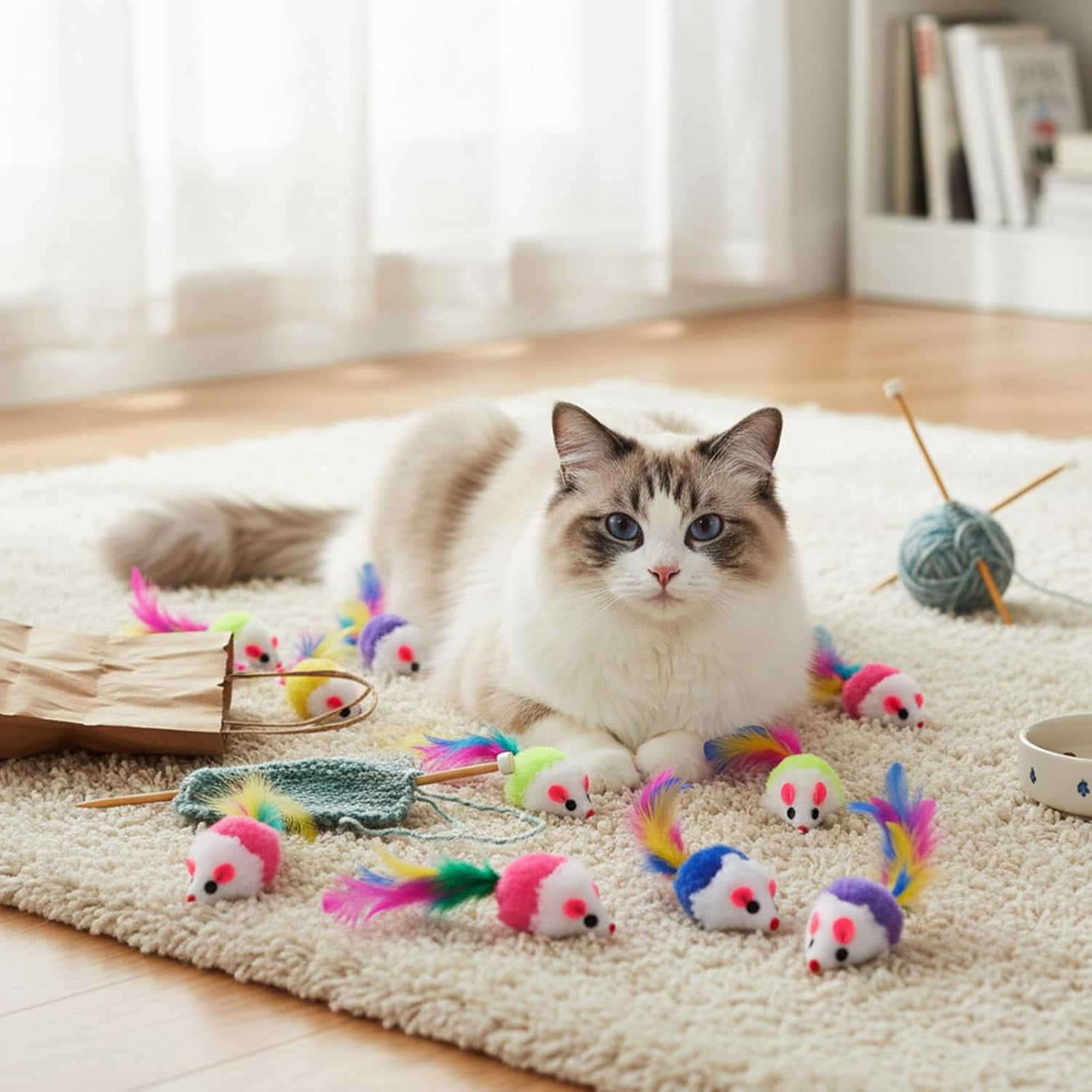 120 Pcs Fur Mice Cat Toys Furry Rattle Mouse Kitten Toy Assorted Interactive Cat Toys with Feather Tails for Indoor Cats Interactive Play Color Varies