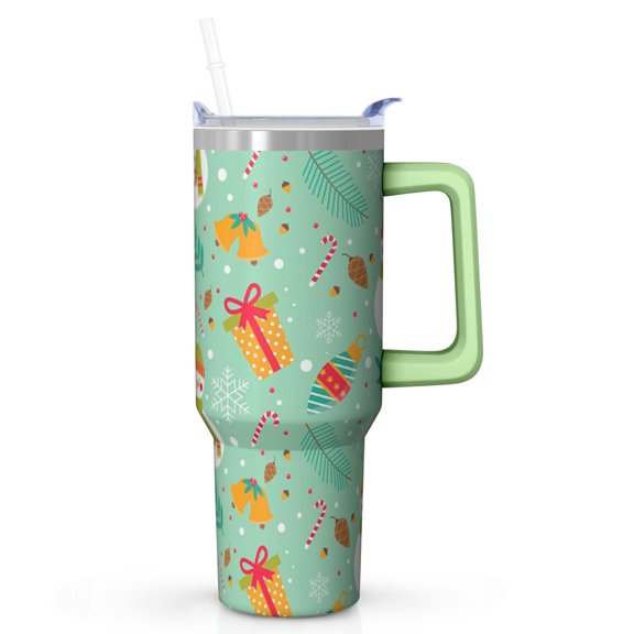 40 oz Santa Bells Holiday Tumbler with Handle and Straw, Stainless Steel Insulated Cup 40 oz, Leak Proof Christmas Mug, Winter Gift