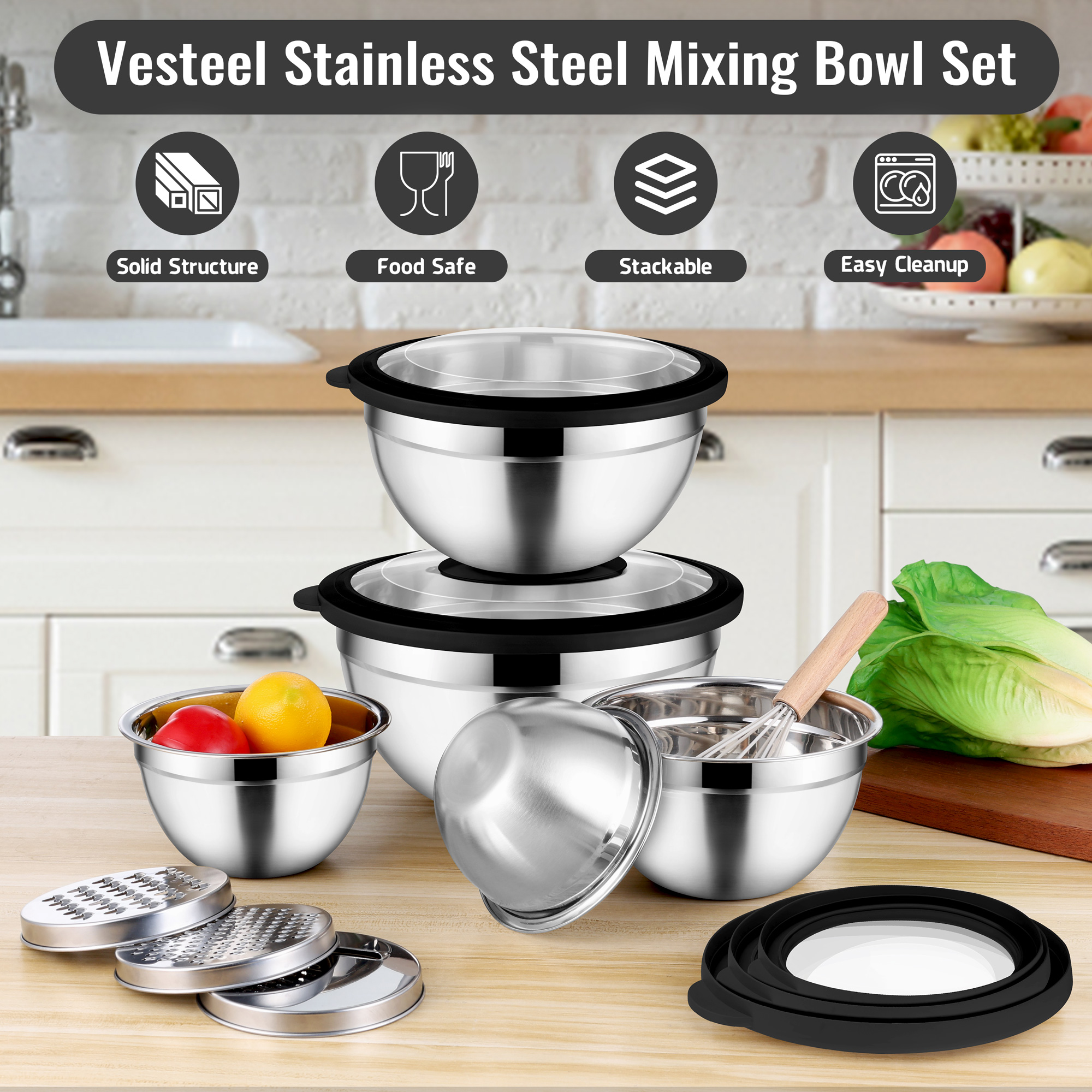 Vesteel 5-Piece Mixing Bowl Set with Graters and Lids, Black photo 4