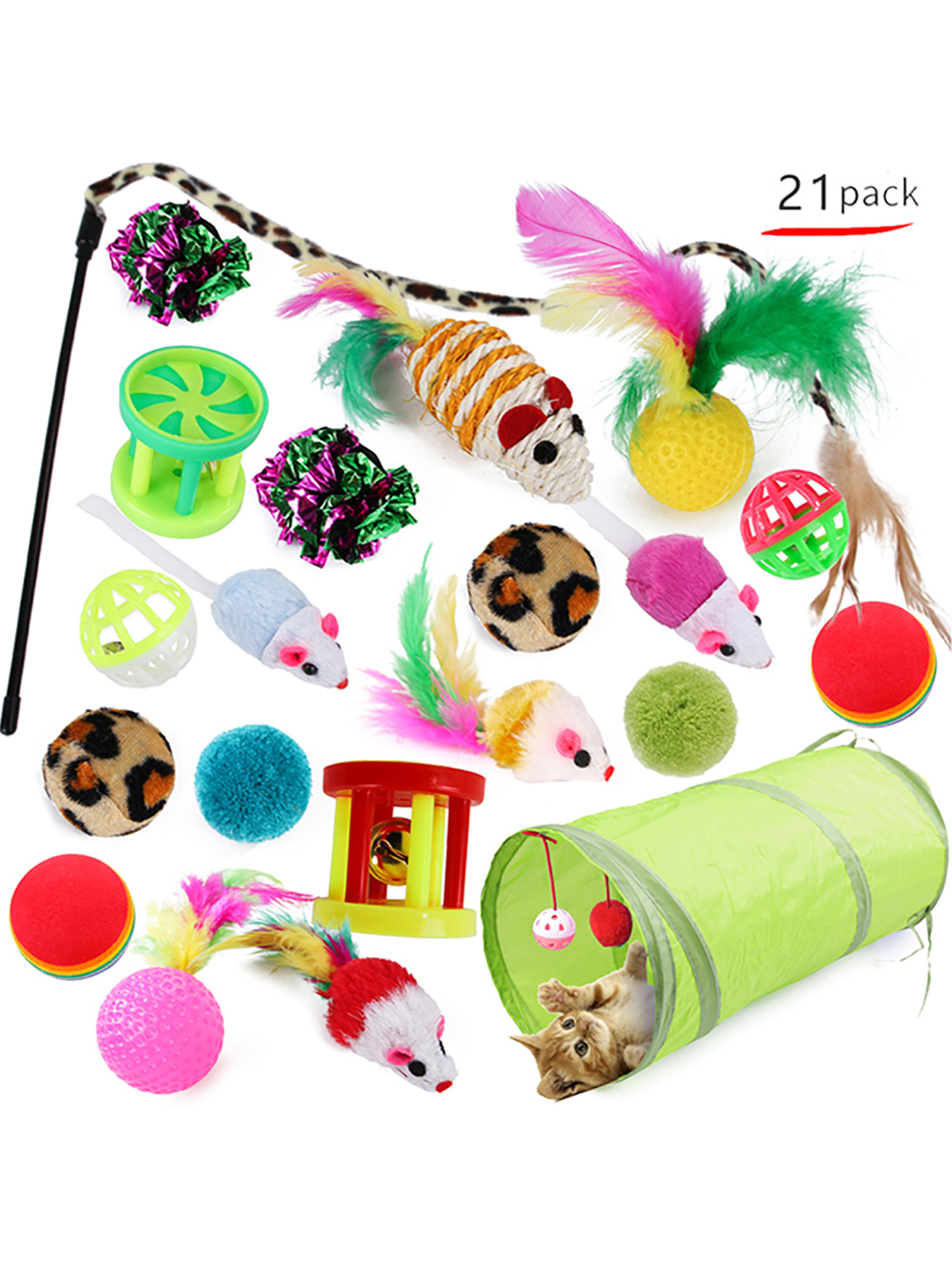 21Pcs Bulk Buy Cat Kitten Toys Rod Fur Mice Bells Balls Catnip Items