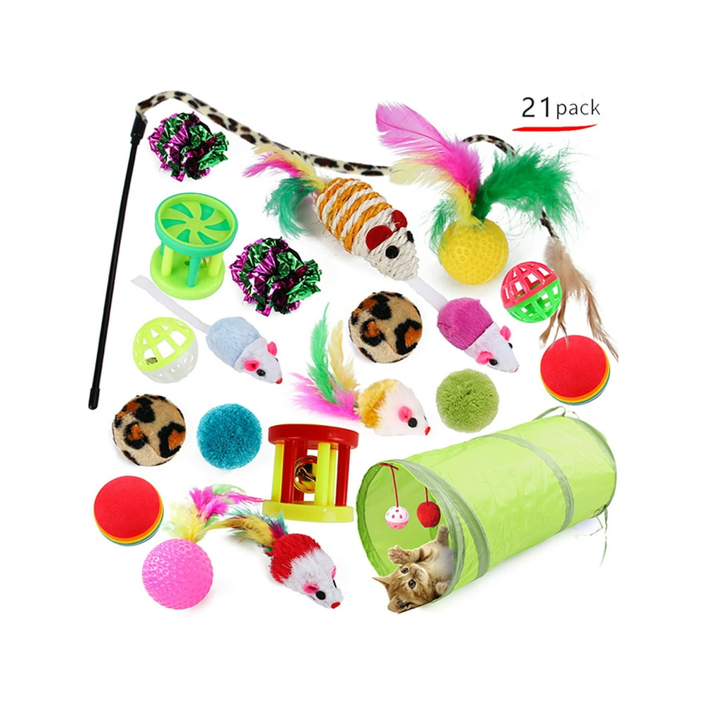 21Pcs Bulk Buy Cat Kitten Toys Rod Fur Mice Bells Balls Catnip Items