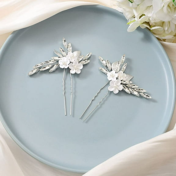 Bride Wedding Hair Pins Silver Crystal Bridal Hair Pieces Rhinestones Hair Clips Leaf Hair Accessories for Women and Girls (Pack of 2)