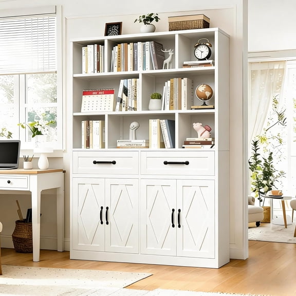 Large Bookcase with Cabinet, W48 Wide Bookshelf with Drawers and Display Shelves, Heavy Duty Tall Bookcase Big Metal Bookshelf for Home Office Living Room