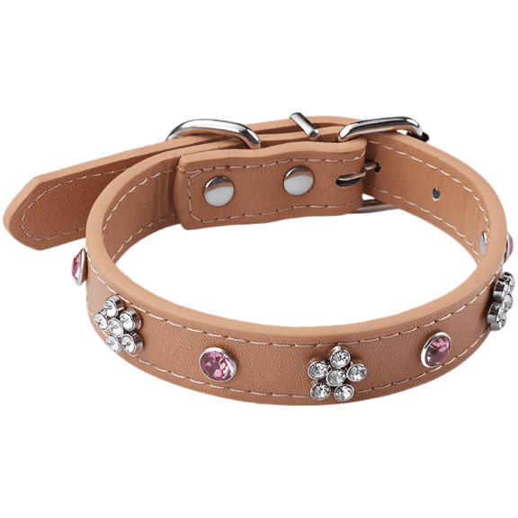 Khaki Rhinestone Flower Pet Collar, 2.0 cm Wide PU Leather Cat Neck Chain Necklace with Heavy Duty Alloy Buckle, Adjustable 11.0-14.2 in Neck Girth for Small Dog Collar