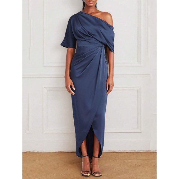 Navy Blue Satin One-Shoulder Asymmetric Midi Dress With High Slit And Pleated Waist