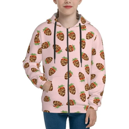 

Hoodies for Women Chocolate Cream Strawberry Print Long Sleeve Sweatshirt Drawstring Zip Up Hoodie with Pockets Teen Girl Clothes
