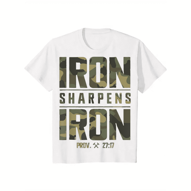 CMBT Men's oversized 100% Cotton Graphic T-Shirt - "iRoN SHaRPeNS iRoN" & Proverbs 27:17 Bible Verse Design, Geometric Print Casual Streetwear Tee, Breathable Summer Top, Machine Washable, Summer