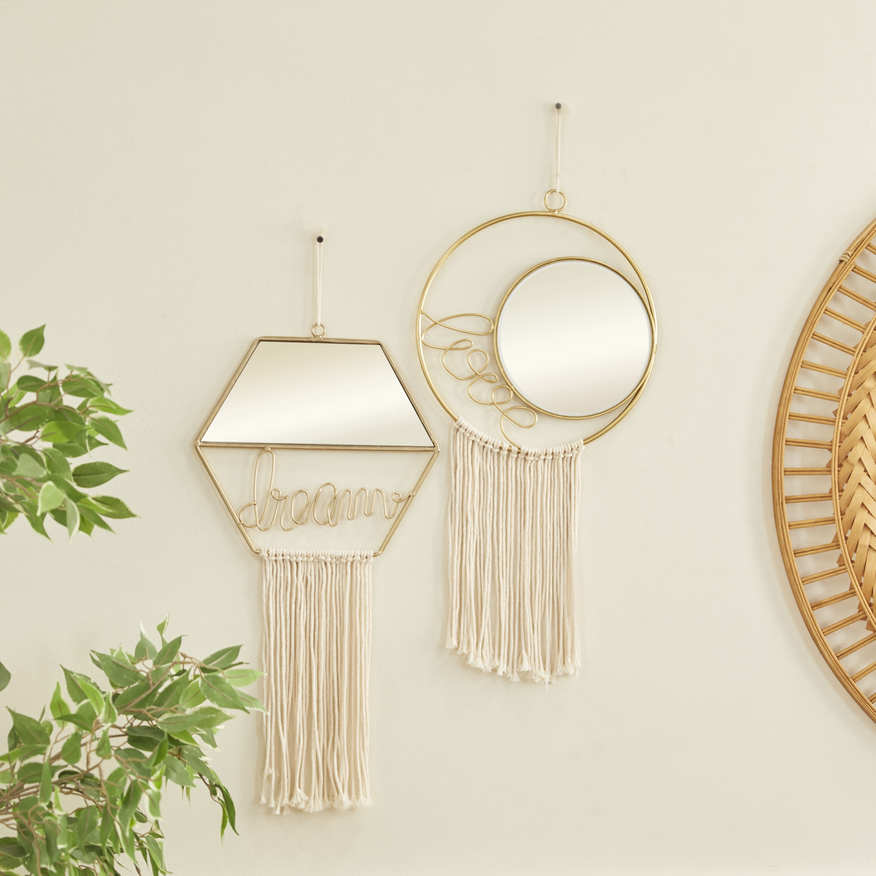 DecMode 27", 28"H Gold Handmade Dream, Love Wall Mirror with Fringe Tassels, Set of 2