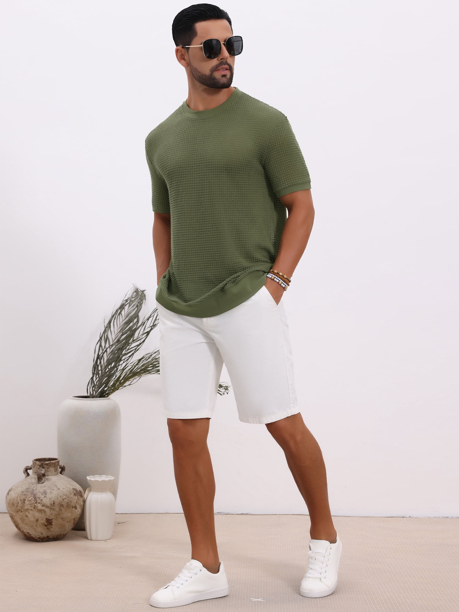 DARING DIVA Men's Waffle Short Sleeve Crew Neck Solid Knitted T-Shirt M Olive Green