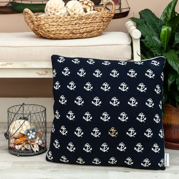 Nassau Collection Knitted Reversible Style Anchor Pattern Cotton Throw Pillow - 20" - Blue and White