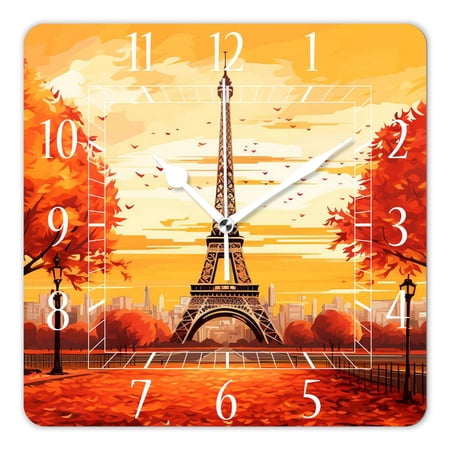 14 Inch Wall Clock Battery Operated Square Clock Decorative for Office, Kitchen, Outdoor, Living Room，Eiffel Tower Maple Leaf Autumn Pattern