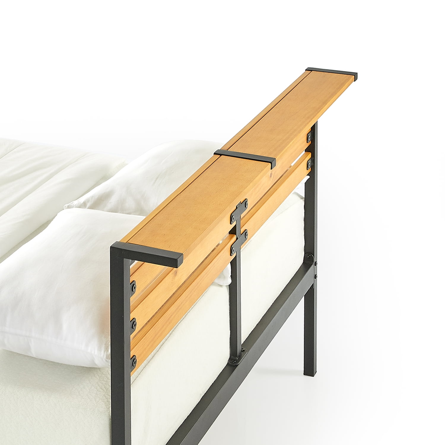 Mellow Kasi Metal Platform Bed with Panel Headboard Shelf, Solid Pine Wood, Black, Queen