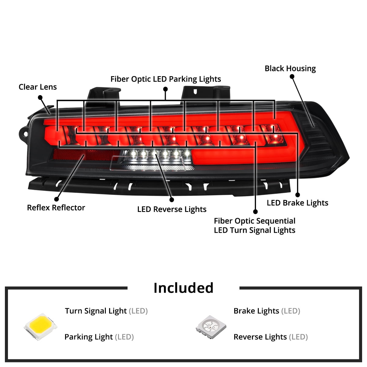 Spec-D Tuning Black Full LED Tail Lights w/ Sequential Turn Signals Compatible with 2014-2015 Chevy Camaro, Left + Right Pair Assembly